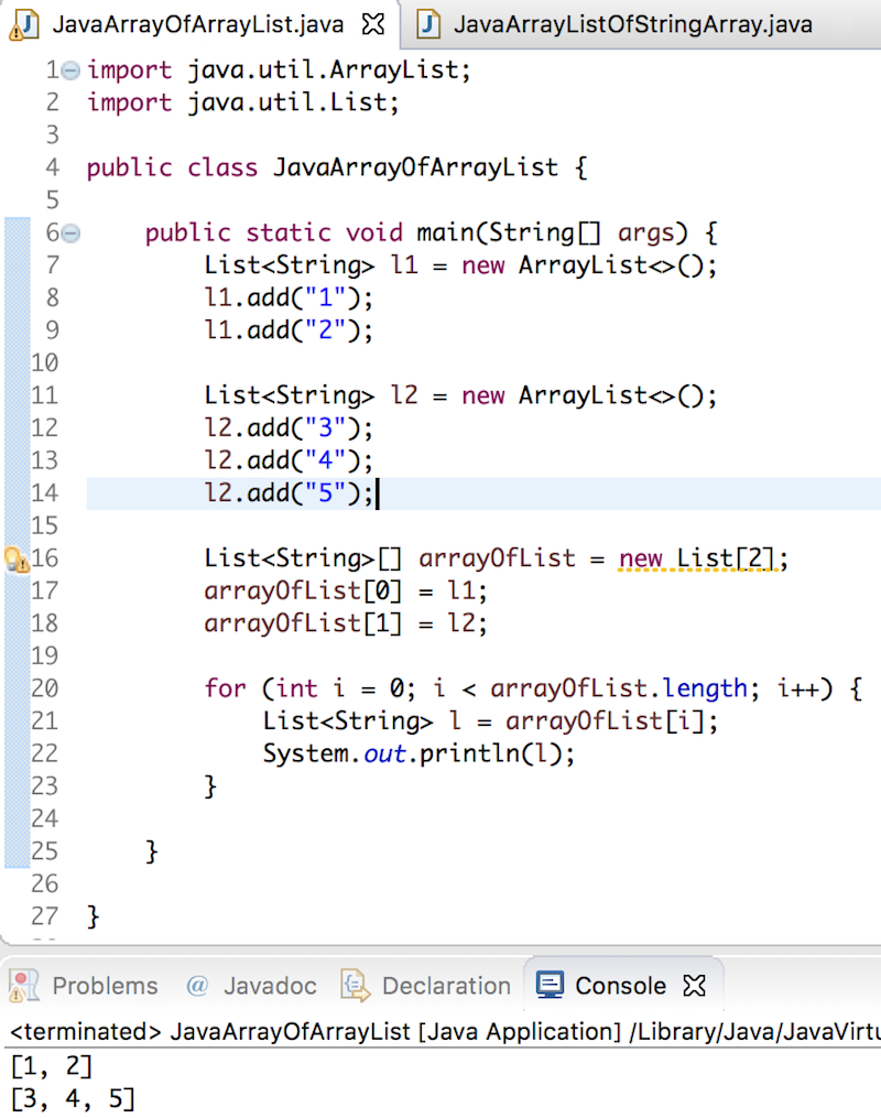 java array of arraylist, array of lists in java