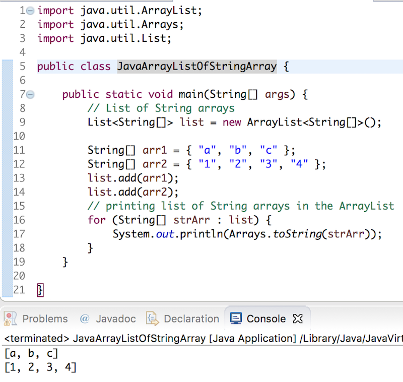 java arraylist of array