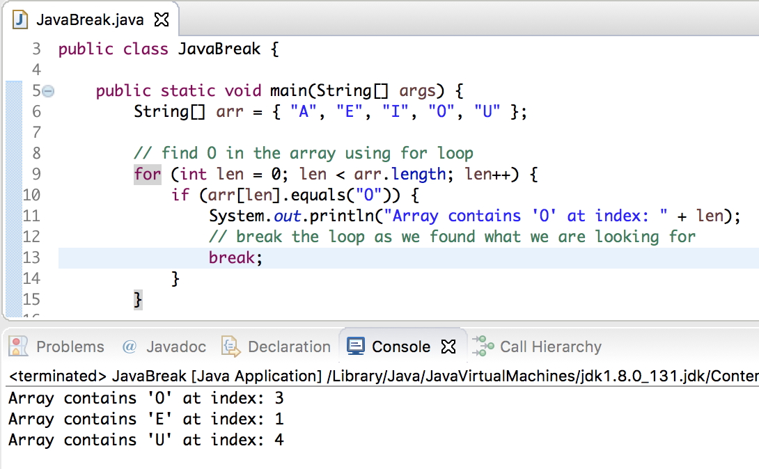 java break statement, break in java