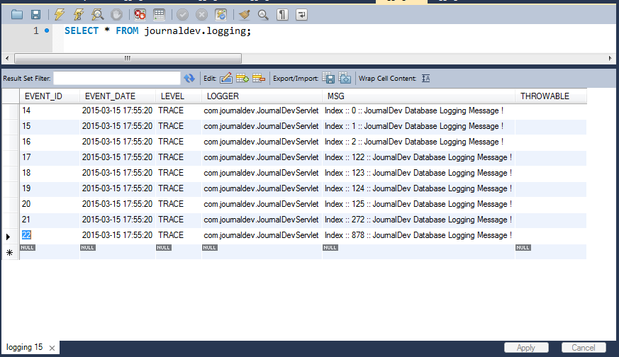 log4j2 filters, Logging Table - Log Events Populated With Filter Applying