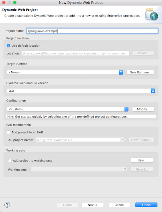 eclipse dynamic web project name for spring mvc example web application