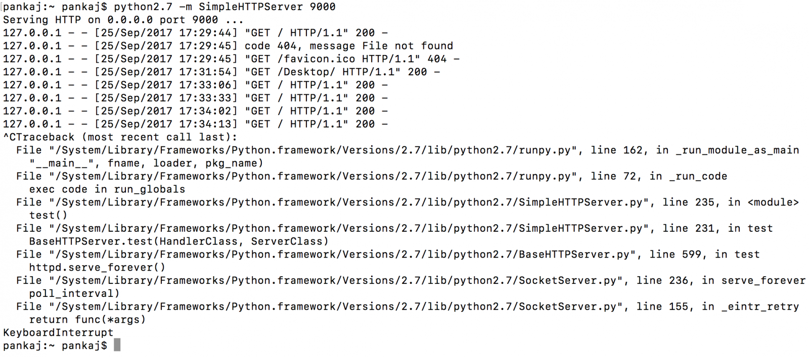 Python SimpleHTTPServer, Python Simple HTTP Server Example terminal output