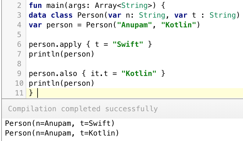 Kotlin apply vs also