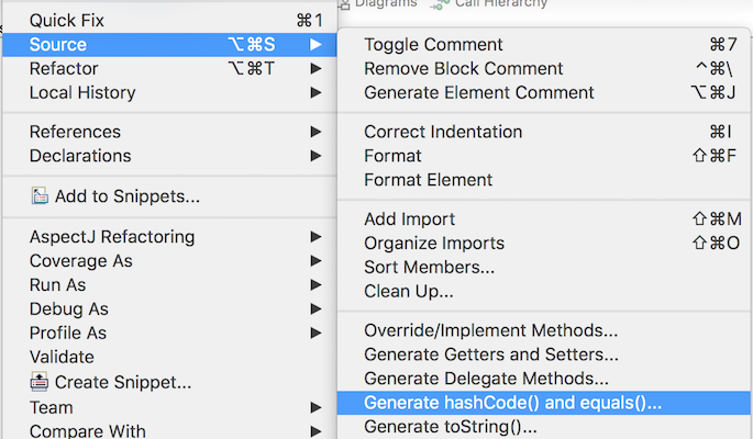 eclipse generate hashCode and equals method