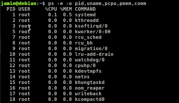 ps -e -o pid,uname,pcpu,pmem,comm