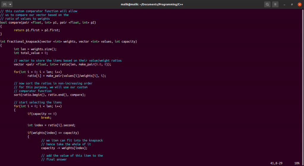 Fractional Knapsack Algorithm Code