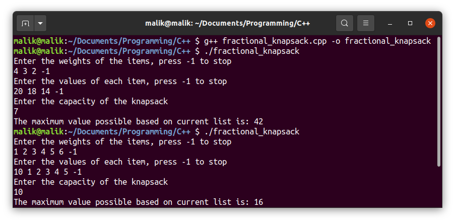 Fractional Knapsack Output